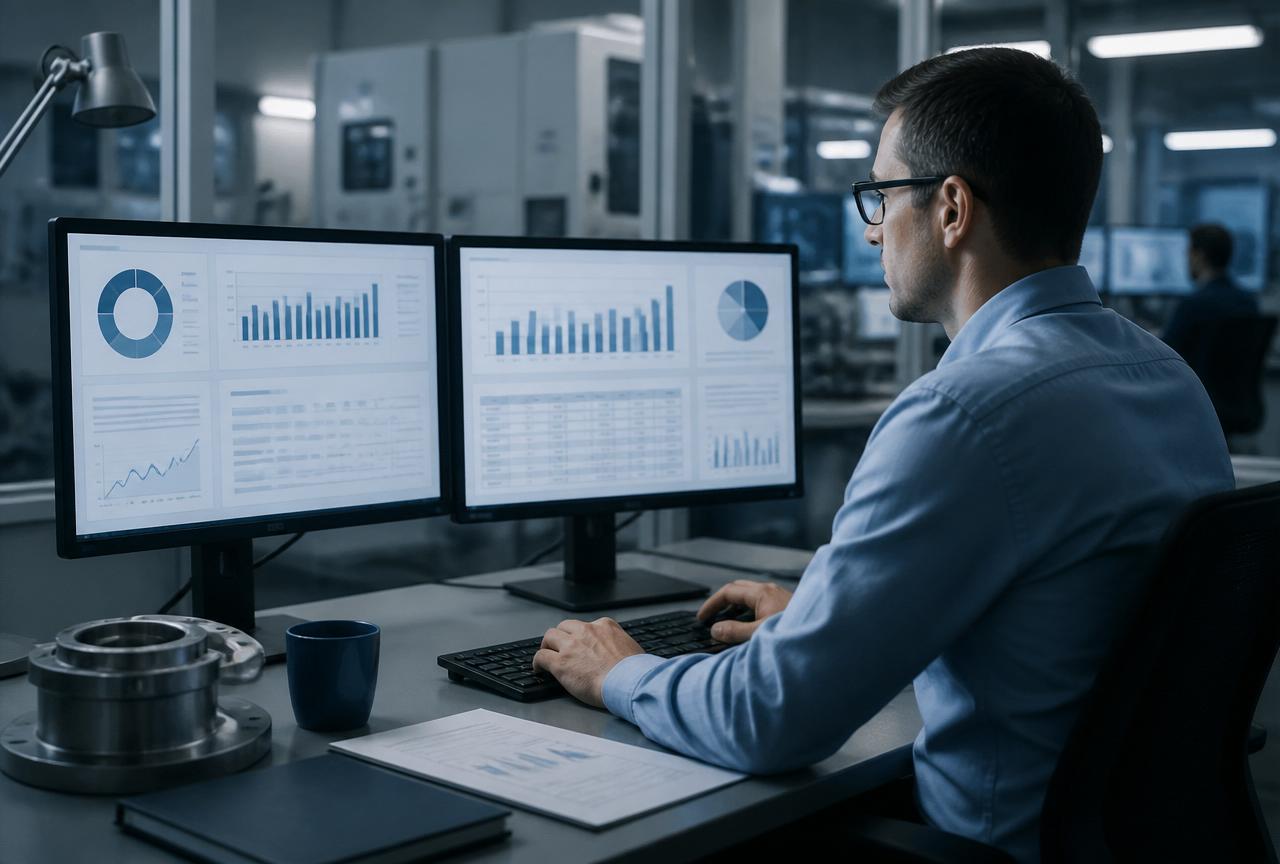 Engineer reviewing technical specifications and operational analytics
