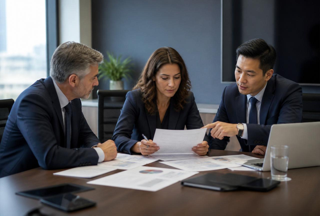 Procurement officers reviewing acquisition documentation